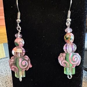 Hand Crafted AB Crystal Pink and Green Glass Beaded Earrings